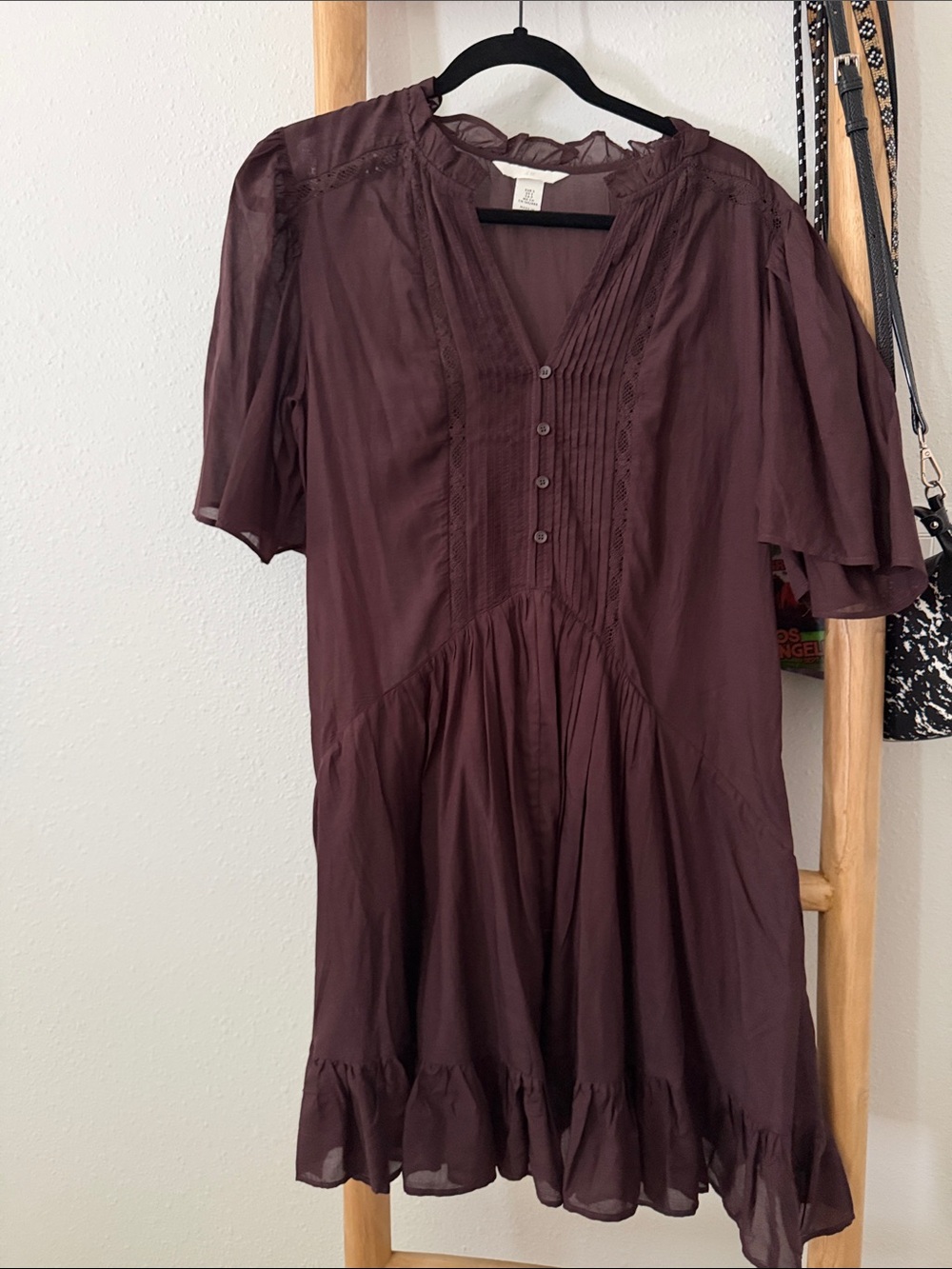 H&M Women's Plum Short Sleeve Pintuck Midi Dress